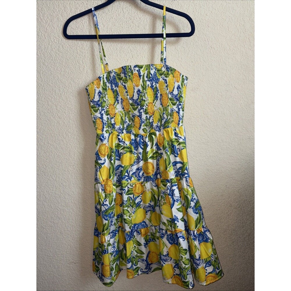 Women Lemon Sundress Resort Midi Square Neck Smocked Ruffle Tiered L Vacation